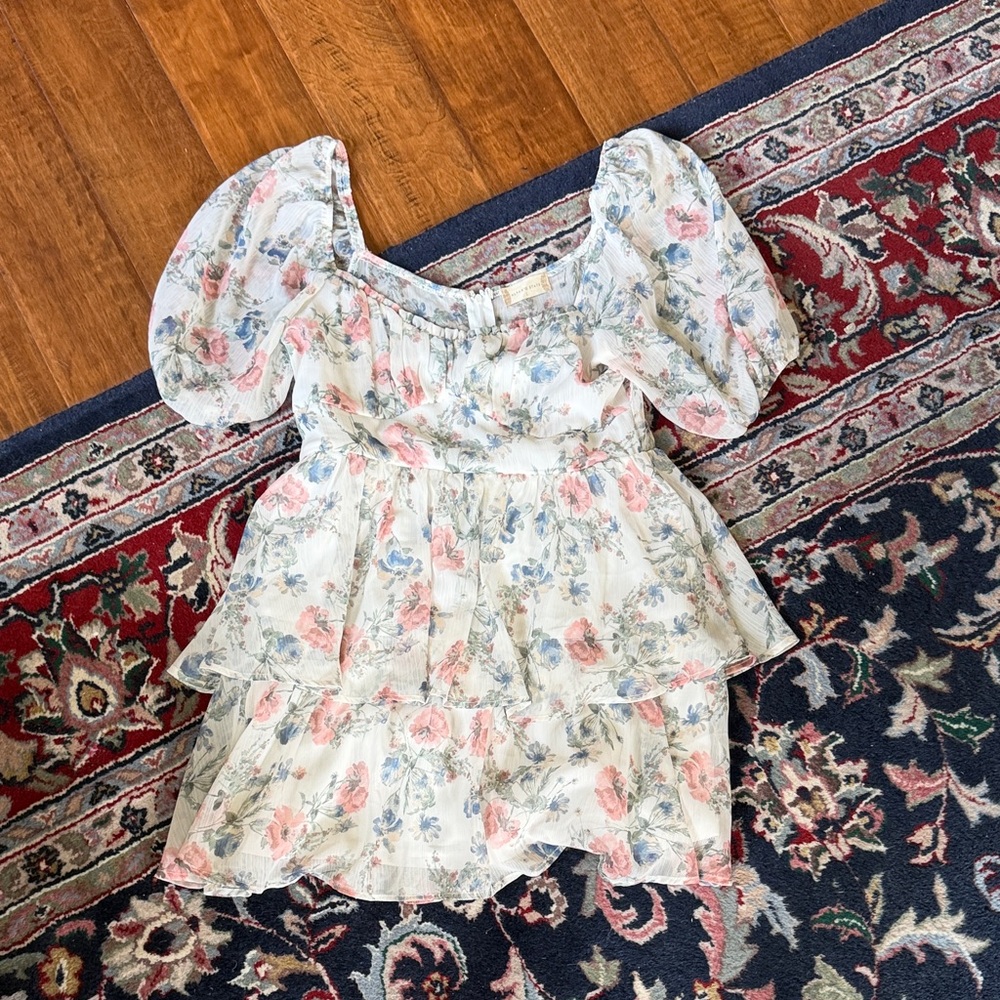 Altar'd State White Floral Puff-Sleeve Tiered Mini Dress
